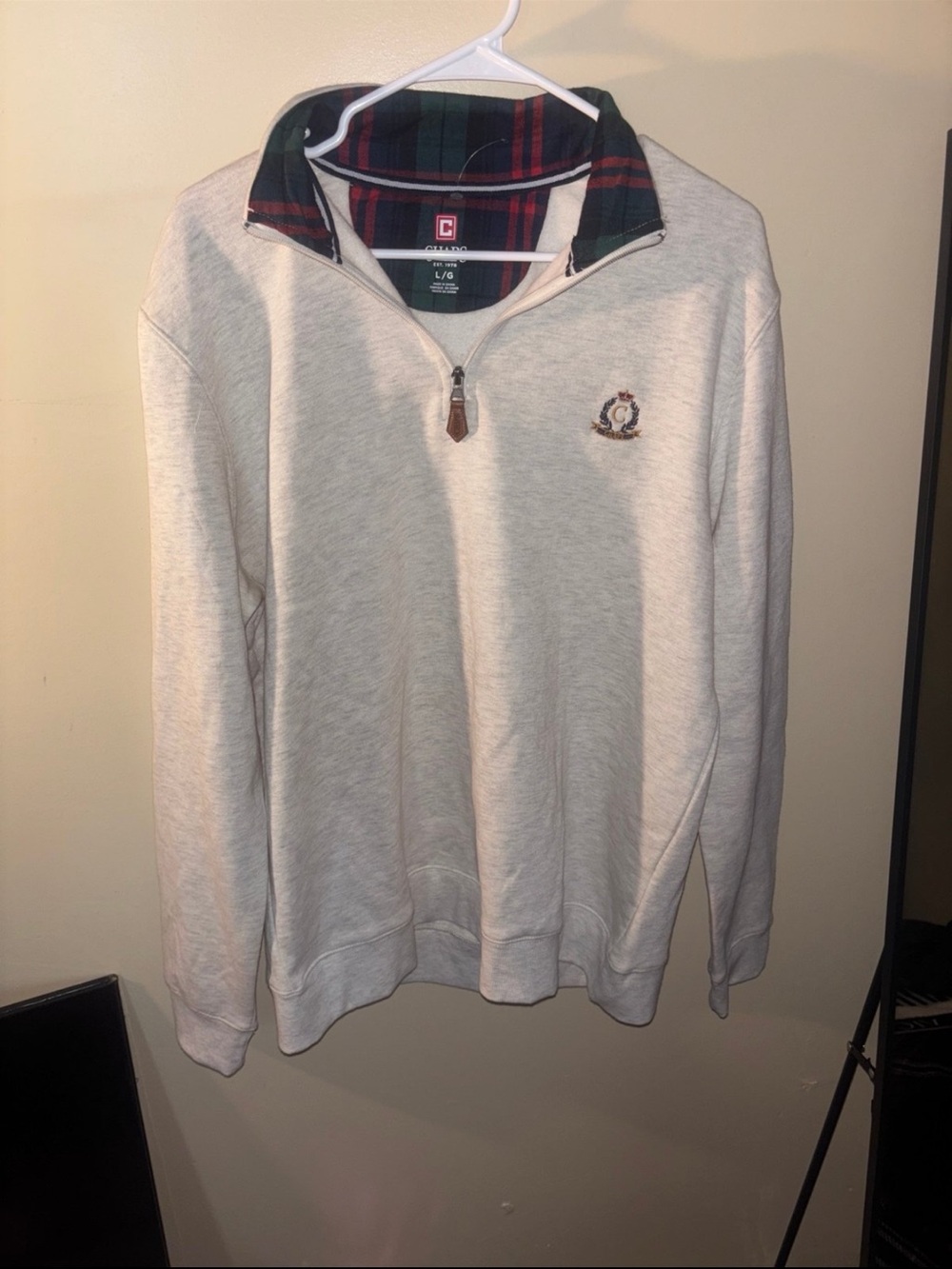 Chaps Men's Quarter-Zip Sweater - Light Gray with Tartan Collar